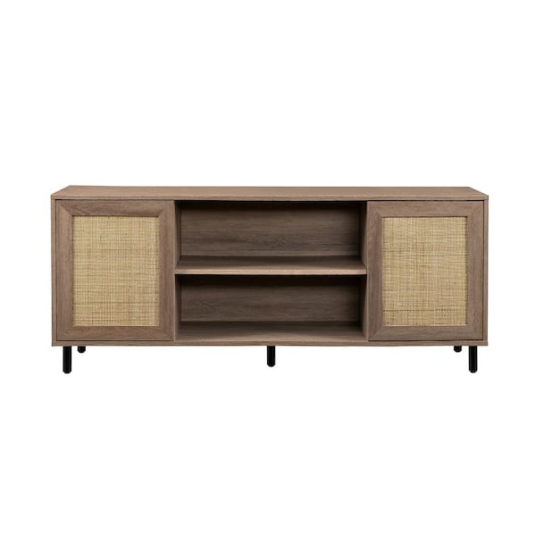 58 in. Driftwood Rattan and Wood Modern 2-Door TV Stand for TVs Up to 60 in.