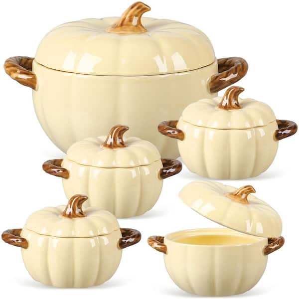 17 fl. oz. and 50 fl. oz. Cream Ceramic Pumpkin Bowls with Lid and Handles for Thanksgiving Halloween Party (Set of 5)