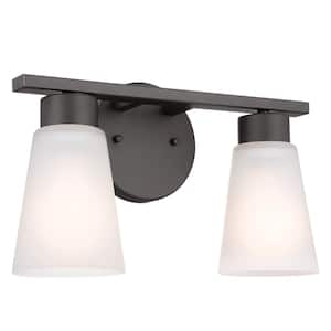 Stamos 13 in. 2-Light Olde Bronze Modern Bathroom Vanity Light with Satin Etched Glass Shades