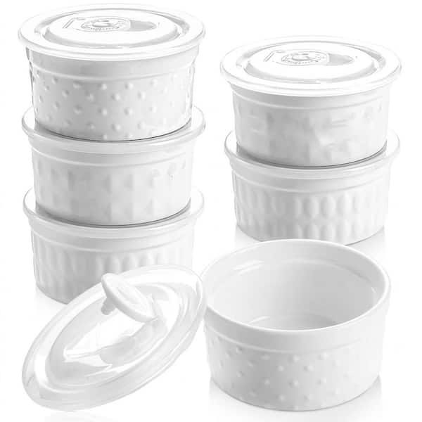 6-Piece Round Porcelain Ramekin Set with Lids, Stackable Ceramic Baking Bowls for Custard, Pudding, Dip