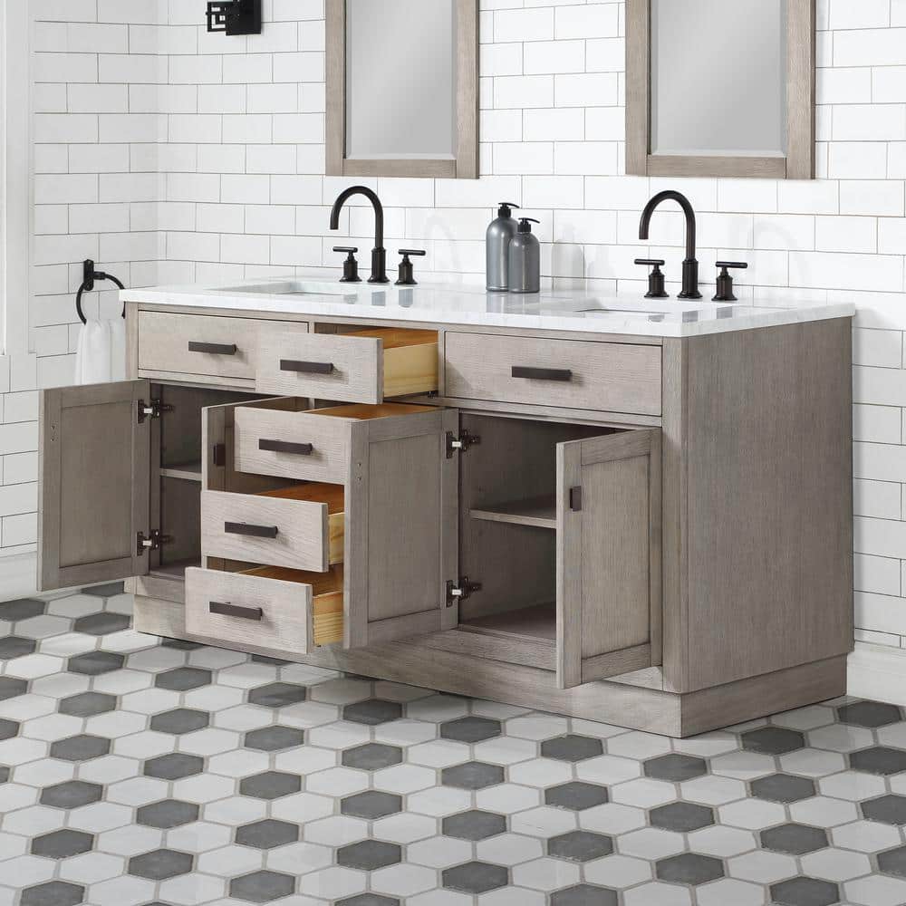 Gray Double Freestanding Bathroom Vanity with Marble Top