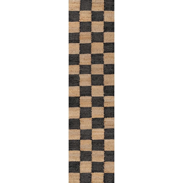 Theo Modern Farmhouse Woven Jute Checkerboard Natural/Black 2 ft. x 8 ft. Runner Rug