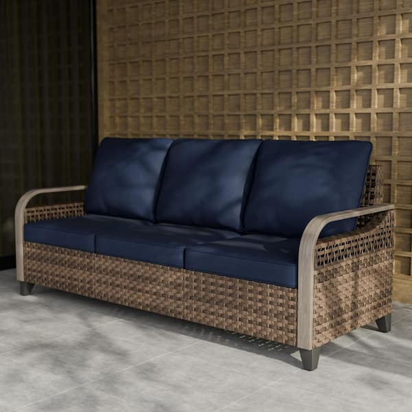 3 Seat Wicker Outdoor Patio Sofa Couch with Blue Cushions