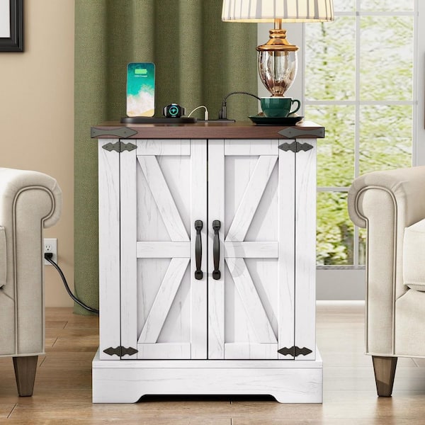 19.6 in. White Rectangle Wood End Table with Charging Station and Ajustable Shelf