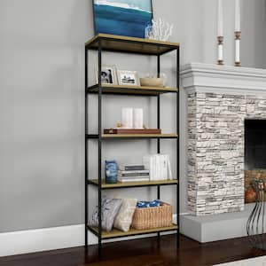 56.75 in. Tall Light Composite Woodgrain-Look and Black Wooden 5-shelf Etagere Bookcase with Open Back and Steel Frame