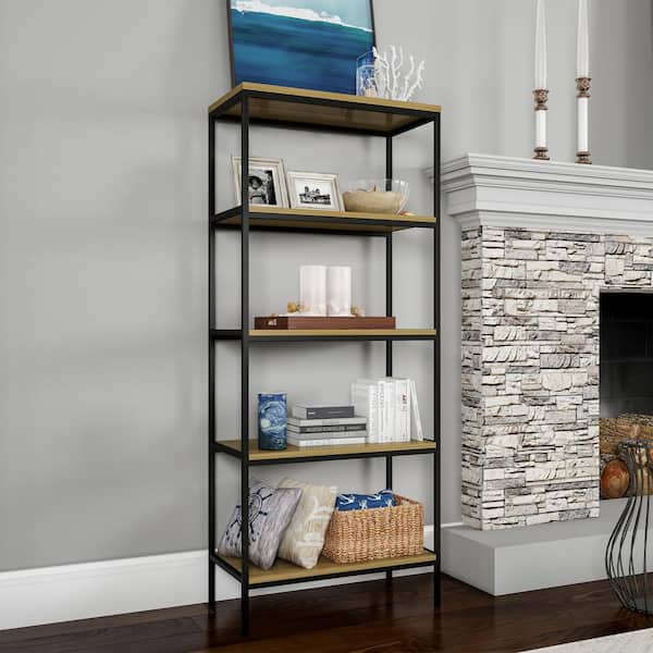 Lavish Home 56.75 in. Tall Light Composite Woodgrain-Look and Black Wooden 5-shelf Etagere Bookcase with Open Back and Steel Frame