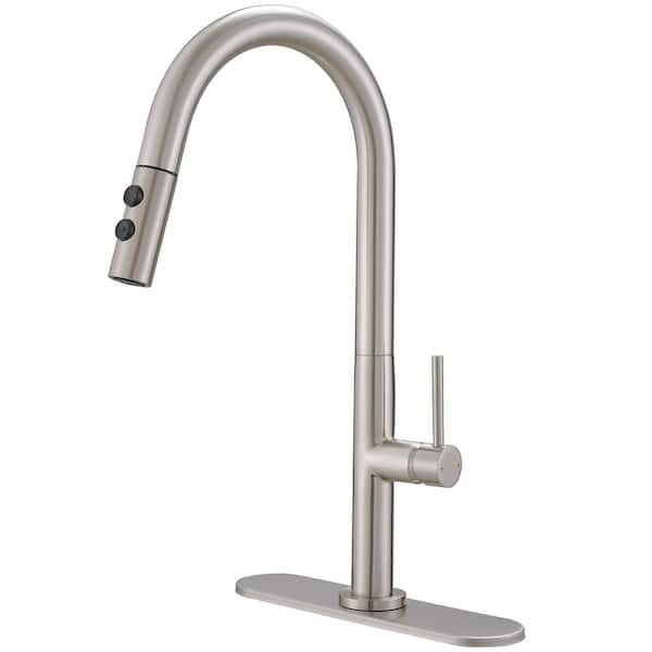 Single Handle Pull Down Sprayer Kitchen Faucet, Sing Hole Kitchen Sink Faucet with Plate in Brushed Nickel