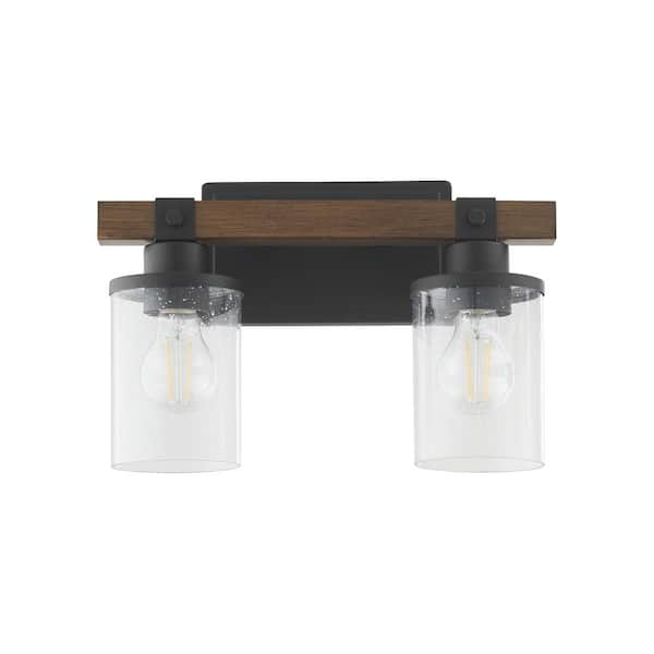 2-Light, 100-Watt, Medium Lamp Base Light Vanity 8 in. W, 2-Clear Seeded Glass Diffusers -Textured Black Walnut