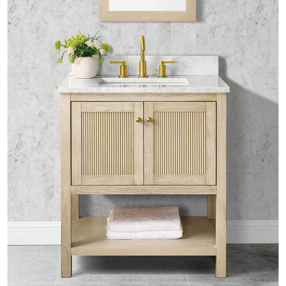 Arcott 31 in W x 22 in D x 35 in H Single Sink Fluted Bath Vanity in Natural Wood With Carrara Marble Top -  Home Decorators Collection, TH1048