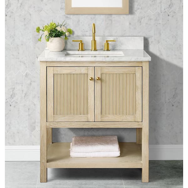 Home Decorators Collection Arcott 31 in W x 22 in D x 35 in H Single Sink Fluted Bath Vanity in Natural Wood With Carrara Marble Top