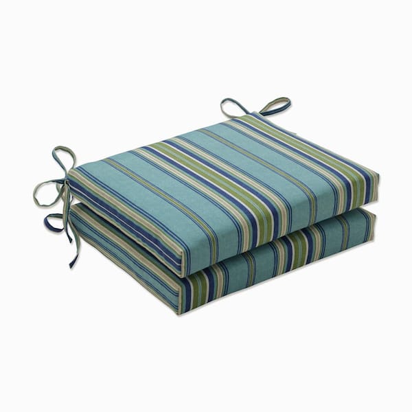 Pillow Perfect Striped 18.5 in. x 16 in. Outdoor Dining Chair Cushion in Blue/Green/Natural (Set of 2)