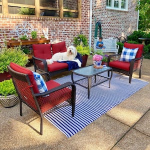 Black 4-Pieces Metal Patio Conversation Sectional Seating Set with Red Cushions