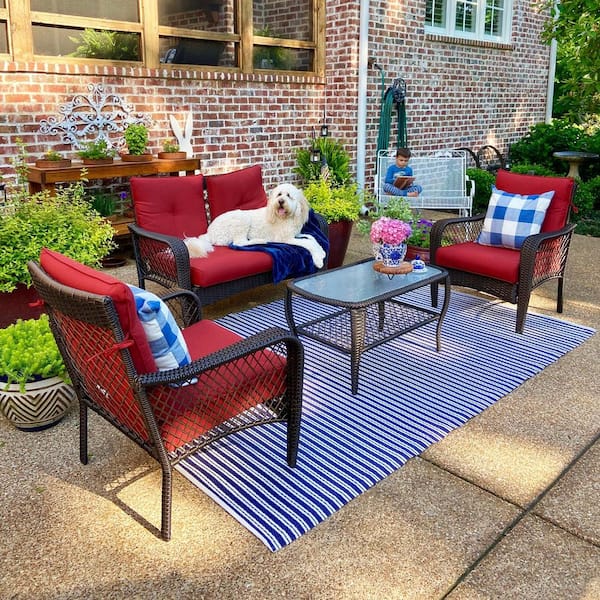 PHI VILLA Black 4-Pieces Metal Patio Conversation Sectional Seating Set with CushionGuard Red Cushions