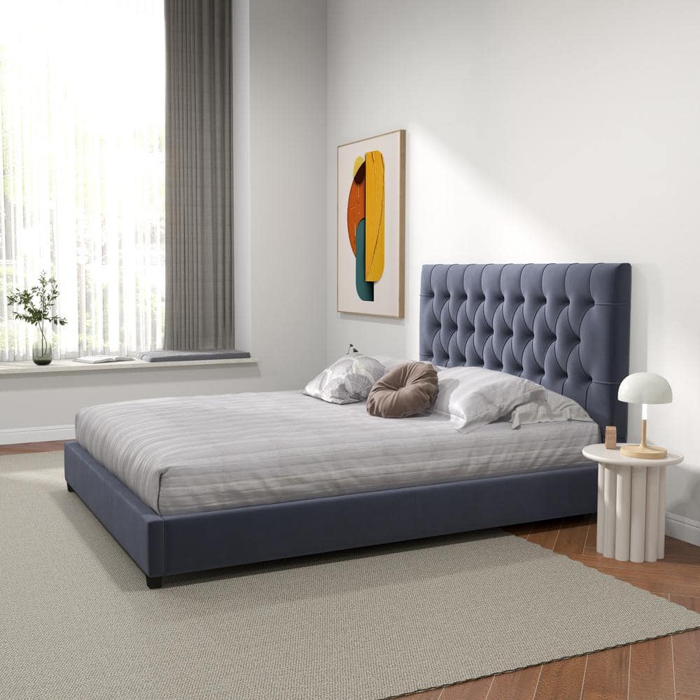 Gray Velvet Upholstered Queen Platform Bed with Tufted Headboard
