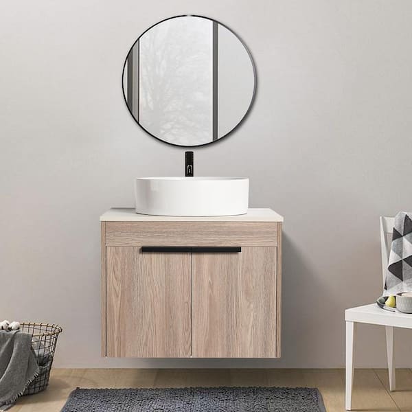 Yunus 23.6 in. W x 18.9 in. D x 23.8 in. H Wall Mounted Bathroom Vanity Set in White Oak with White Top with Vessel Sink