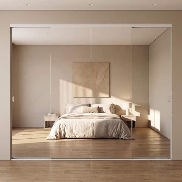 144 in. x 96 in. Polished Edge Backed Mirror Aluminum Frame Interior Closet Sliding Door with White Trim