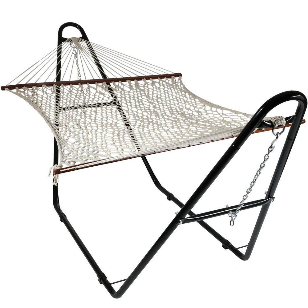 Sunnydaze Decor 11 ft. Free Standing 2-Person Double Wide Cotton Rope  Spreader Bar Hammock Bed with Universal Steel Hammock Stand CDWHWS-MHS-Combo