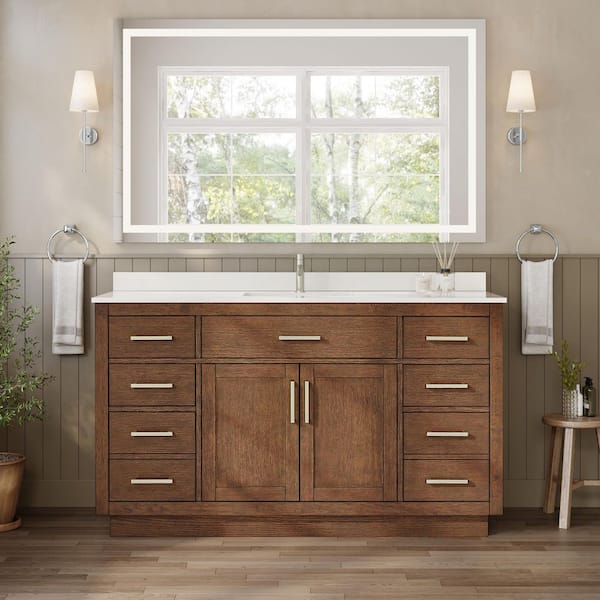 Beckett TK 60 in. Single Freestanding Dark Oak with Brushed Nickel Trim Bath Vanity with White Quartz Top