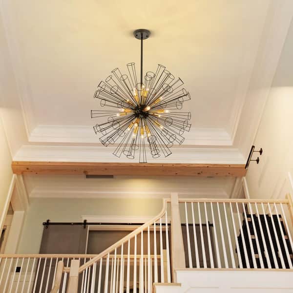 Pate 18-Light 34.2 in. Modern Black&Gold Large Round Sputnik Chandelier Globe Firework Starburst Living Room Chandelier