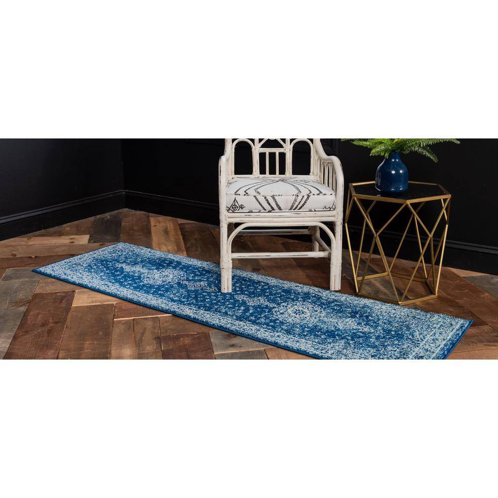 Navy Blue Synthetic Stain-Resistant Runner Rug