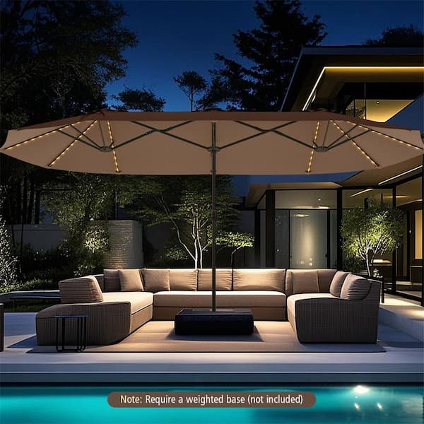 15.5 ft. Metal Market Solar Extra-Large Patio Umbrella with LED Solar Lights & 12 Heavy-Duty Ribs in Brown