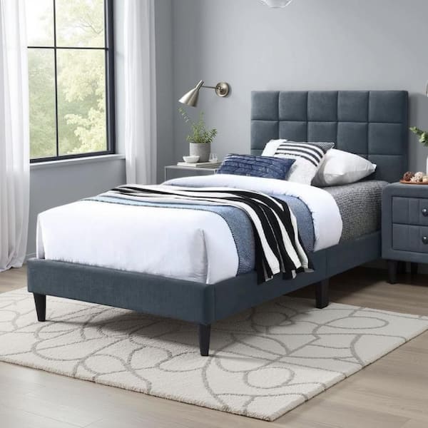 Lilian Charcoal Gray and Black Wood Frame Twin Platform Bed with Tufted Upholstered Headboard