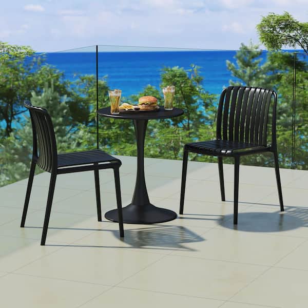 Frond and Form Outdoor Patio Stacking Poly Plastic Slatted Dining Side Chair (Set of 2), Black