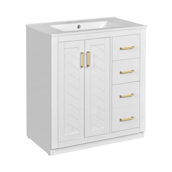 30 in. Freestanding White Bath Vanity with White Ceramic Top, 3-Drawers and Soft Closing Doors