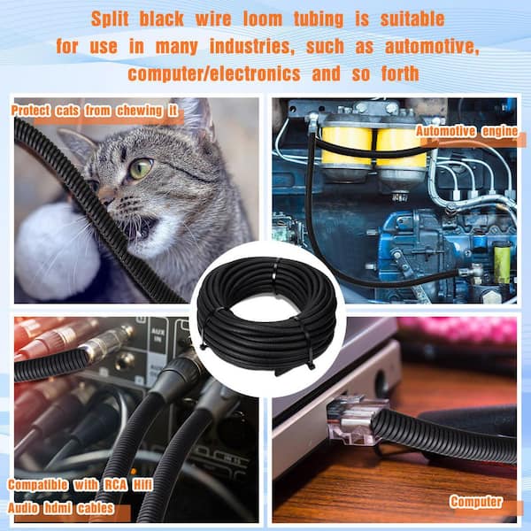 600 in. Assorted Split Wire Loom Tubing Kit, Flexible Cable Protection Sleeves for Electrical Wiring, Black
