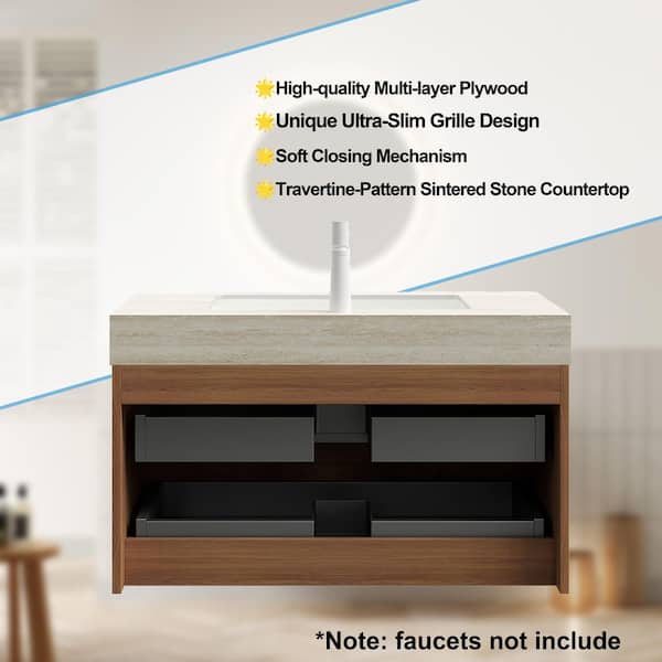 Yingze 36 in. Wall-Mounted Single Sink Brown Oak Bath Vanity with