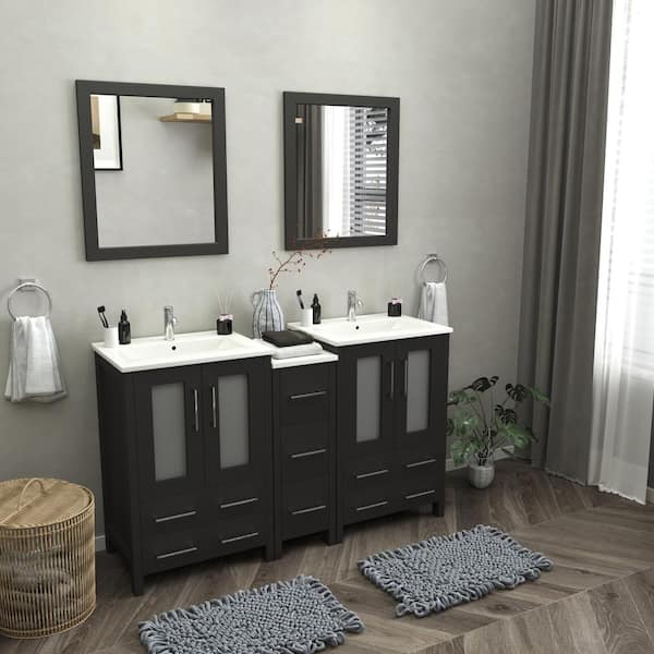Brescia 60 in. W x 18.1 in. D x 35.8 in. H Double Basin Bathroom Vanity in Espresso with Top in White Ceramic and Mirror