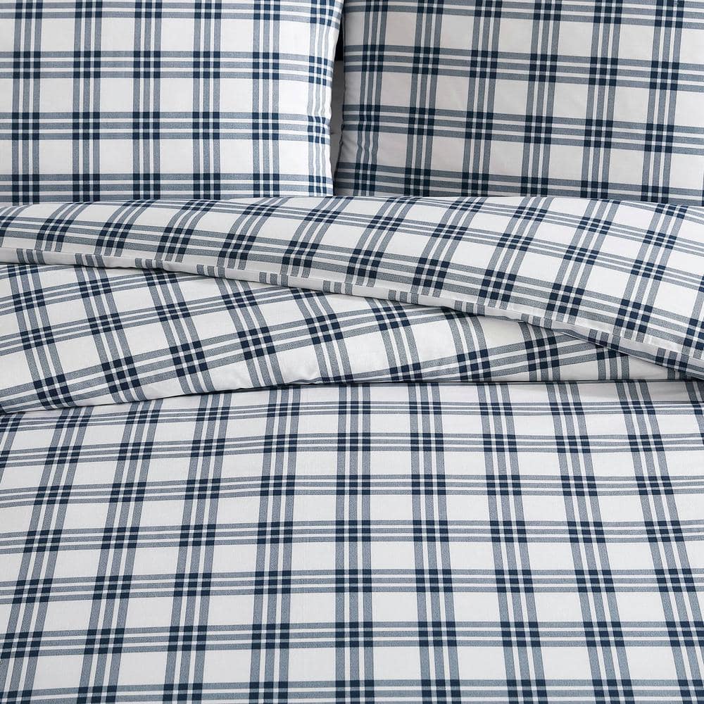 Navy Blue Plaid Cotton Full/Queen Duvet Set with Shams