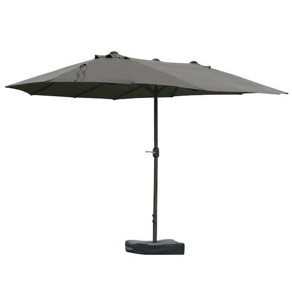 Zeus & Ruta 15 ft. x 8 ft. Steel Push-Up Patio Market Umbrella with Base, Sun Protection and Easy Crank in Grey