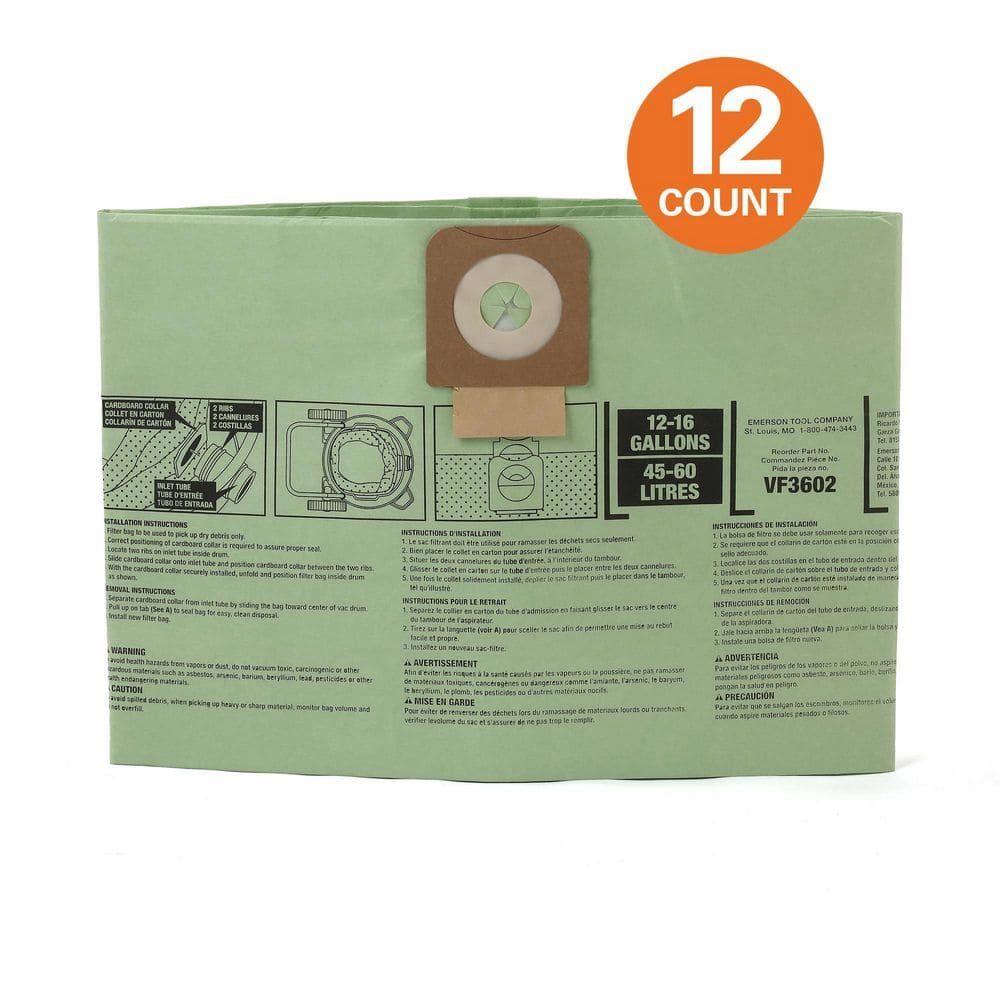 RIDGID Wet/Dry Vac Premium Cyclonic Dry Pick-up Only Dust Bags for Select 12 to 16 Gallon Shop Vacuums, Size A (12-Pack)