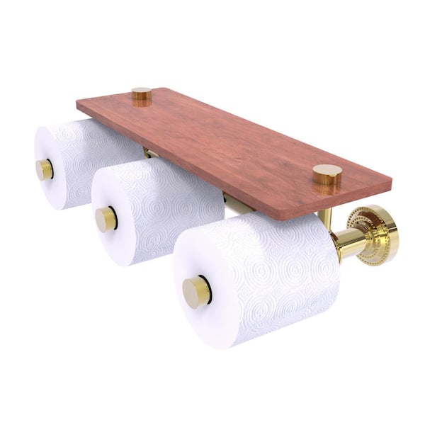 Allied Brass Dottingham Horizontal Reserve 3 Roll Toilet Paper Holder with Glass Shelf in Unlacquered Brass with Glass Shelf