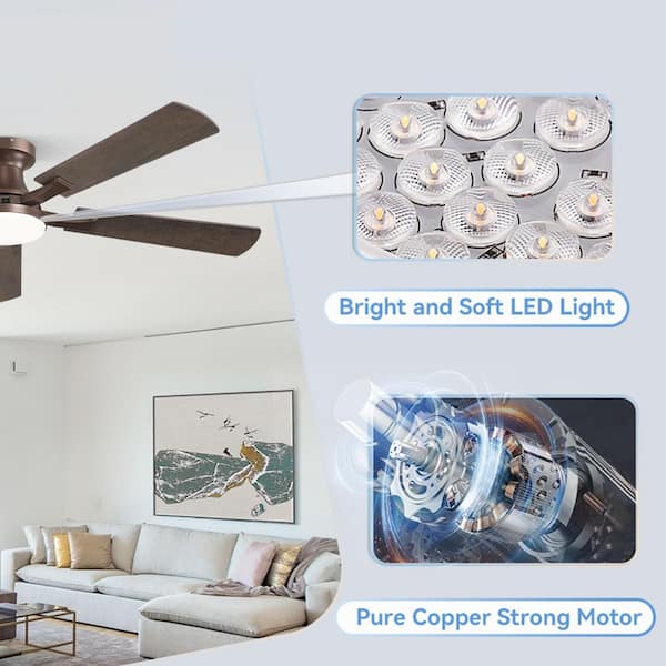 MOKSILED 52 in. indoor Dimmable Brown 6-Speed Flush Mount Ceiling