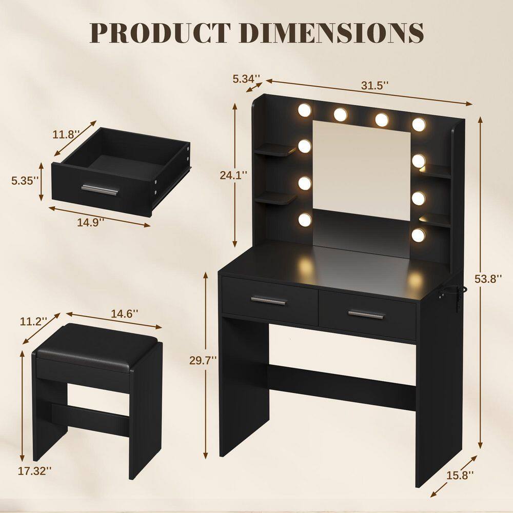 Makeup Vanity Sets with Mirror and Power Outlet, Dressing Table Sets with 2-Drawers, 4-Storage Shelves and Bench, White - thumbnail 10