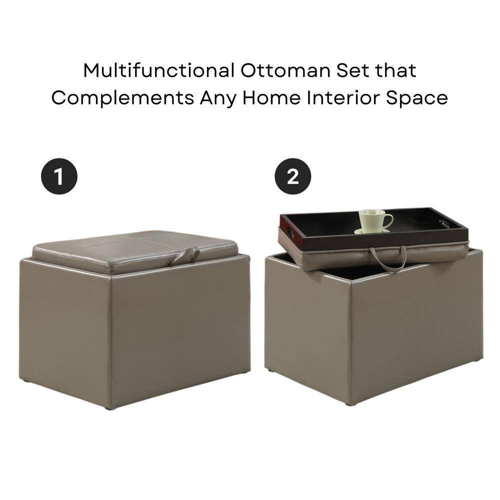 Taupe Gray Faux Leather Storage Ottoman with Reversible Tray