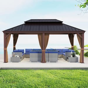 12 ft. x 18 ft. Aluminum Frame Steel Roof Gazebo with Netting and Curtains