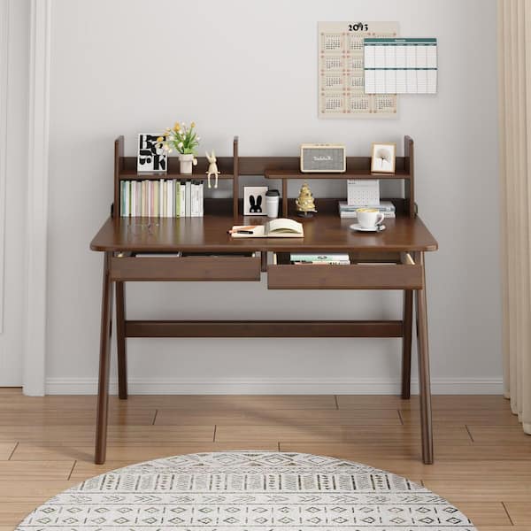 1-Piece Brown Kids Study Desk Rubber Wood with Bookshelf and 2-Drawers, Study/Writing Table for Bedroom Home Office