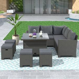 8-Piece Patio Outdoor Wicker Conversation Set Sectional Seating Sofa Dining Set with Table, Chairs, Stool, Gray Cushion