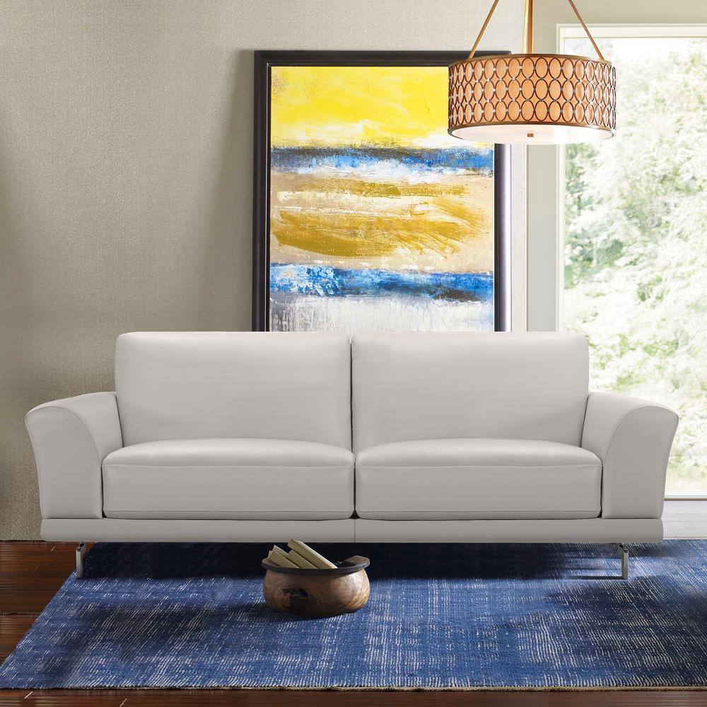 Everly 87 in. Grey Leather 4-Seater Tuxedo Sofa with Square Arms