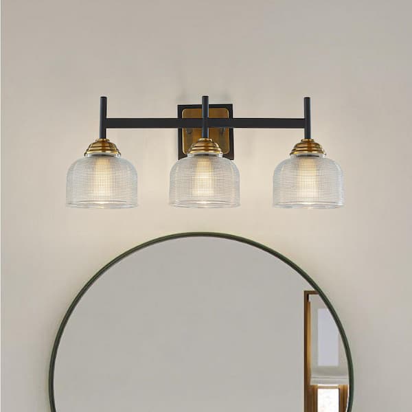 22 in. 3-Light Contemporary Bathroom Vanity Light in Black and Brass with Dome Shape Clear Ribbed Glass Shade