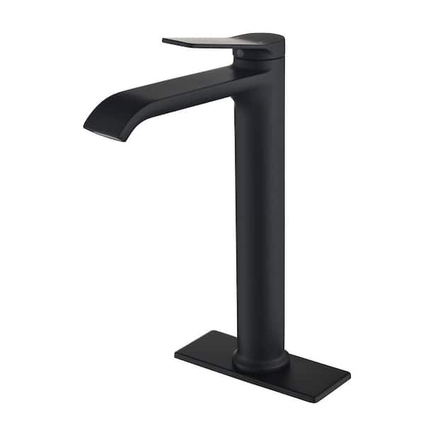 Single Handle Waterfall Bathroom Vessel Sink Faucet with Deck Plate Single Hole High Tall Bathroom Faucet in Matte Black
