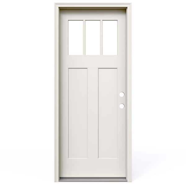 32 in. x 80 in. 2-Panel Left-Hand/Inswing 3-Lite Clear Direct Glaze Primed Fiberglass Prehung Front Door w/ Brickmould