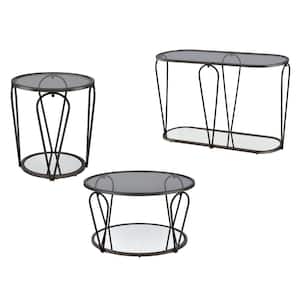 Orrum 31.25 in. Black Nickel and Gray Round Glass Coffee Table Set (3-Piece)