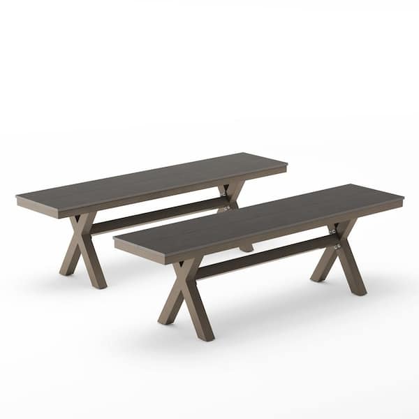 LUE BONA Domi 59 in. Aluminium Frame X-Leg Light Gray Outdoor Bench with Plastic Top Patio Dining Benches for Table (Set of 2)