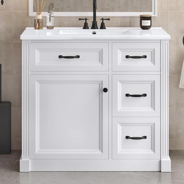 36 in. Single Sink Freestanding White Bath Vanity with White Ceramic Sink Top, Storage Vanity with Soft-Close Door