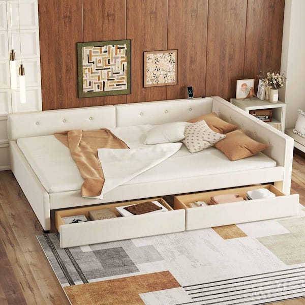 Beige Wood Frame Full Platform Bed with USB and 2-Drawers