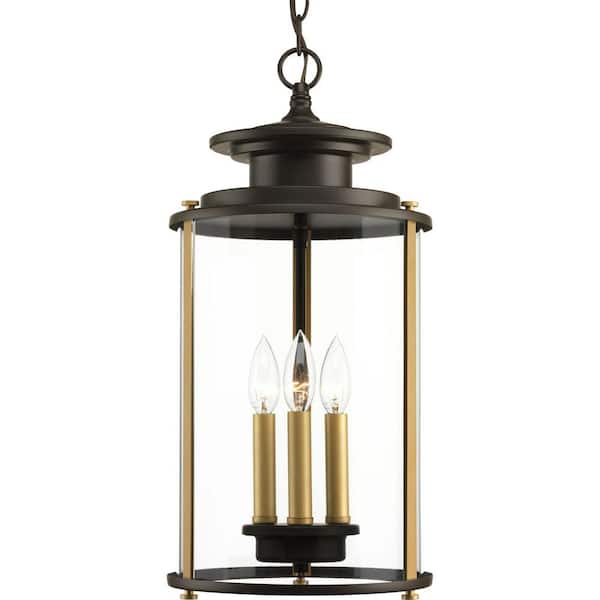 Progress Lighting Squire 3-Light Antique Bronze Traditional Clear Glass Lantern Mini Indoor/Outdoor Hanging Pendant Light